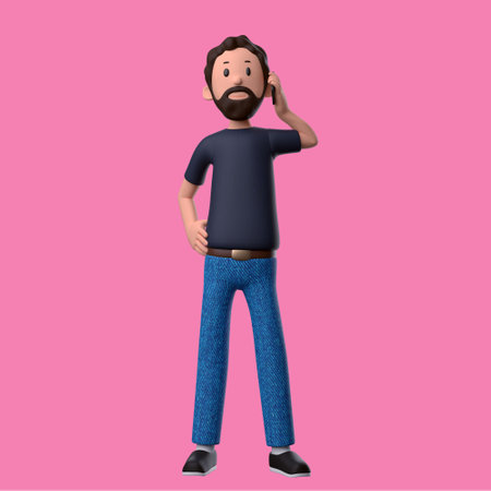 3d character illustration of a man. man is calling with pink backgroundの写真素材