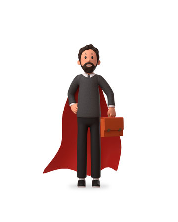 3d character illustration of businessman holding briefcase with a scarf behind himの写真素材