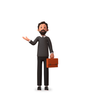 3d character illustration of businessman holding briefcase and raised right hand with white backgroundの写真素材