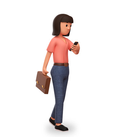 3d illustration of a woman holding a telephone while carrying a briefcaseの写真素材