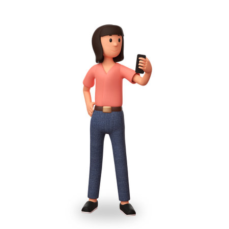 3d illustration woman holding a cellphone making a video call with white backgroundの写真素材
