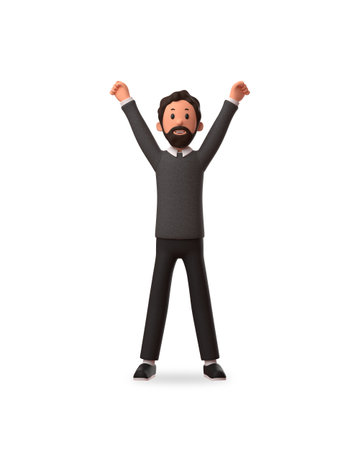 3d character illustration of businessman raised both hands happily because of his successの写真素材