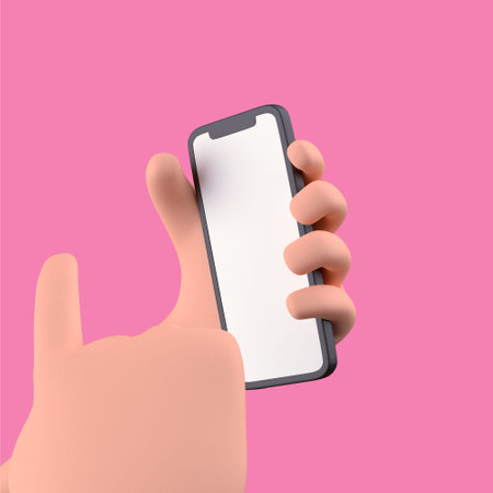 3D Cartoon hand holding smartphone with pointing to something isolatedの写真素材