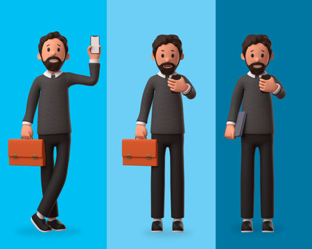 3d character illustration of businessman holding phone and briefcase bundling three character with blue backgroundの写真素材