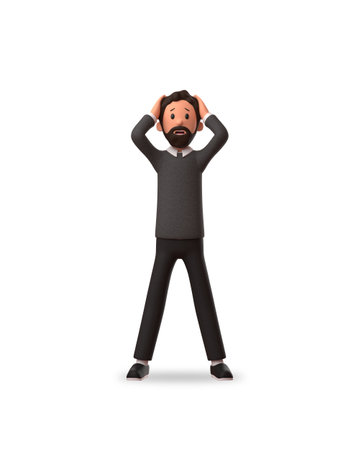 3d character illustration of businessman stressed holding his headの写真素材
