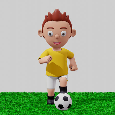 3D illustration of kids playing football on green grass with yellow shirtの写真素材