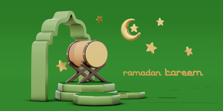 3D illustration of the Ramadan Kareem celebration with lantern, moon, stars and mosque ornaments with green backgroundの写真素材