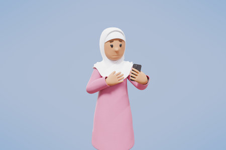 3d muslim woman greeting, pointing,holding phone while smiling with blue backgroundの写真素材