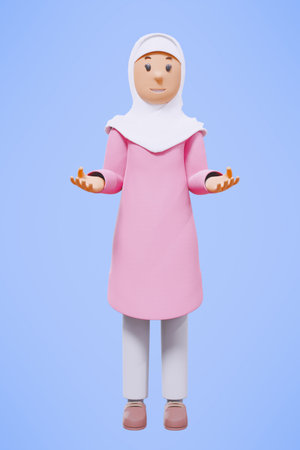 3d muslim woman greeting, pointing,holding phone while smiling with pink shirtの写真素材
