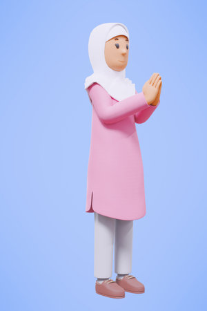 3d muslim woman greeting, pointing,holding phone while smiling with pink shirtの写真素材
