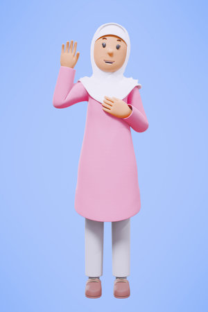 3d muslim woman greeting, pointing,holding phone while smiling with pink shirtの写真素材