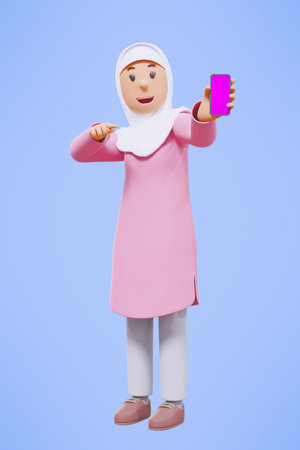 3d muslim woman greeting, pointing,holding phone while smiling with pink shirtの写真素材