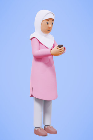 3d muslim woman greeting, pointing,holding phone while smiling with pink shirtの写真素材