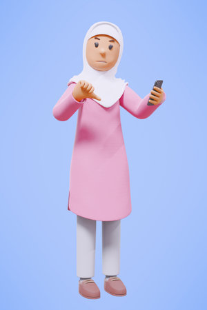 3d muslim woman greeting, pointing,holding phone while smiling with pink shirtの写真素材