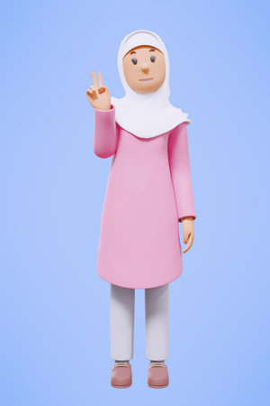 3d muslim woman greeting, pointing,holding phone while smiling with pink shirtの写真素材