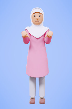 3d muslim woman greeting, pointing,holding phone while smiling with pink shirtの写真素材