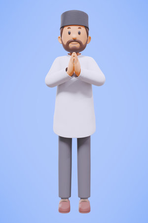 3d man muslim greeting, greeting, pointing and holding phone while smiling with white shirtの写真素材