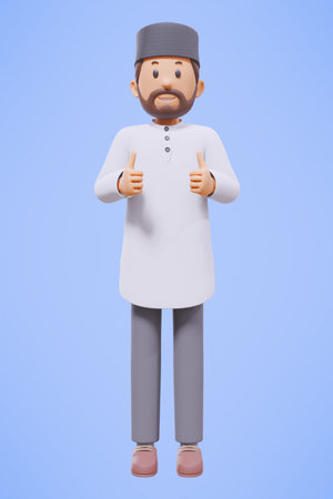 3d man muslim greeting, greeting, pointing and holding phone while smiling with white shirtの写真素材