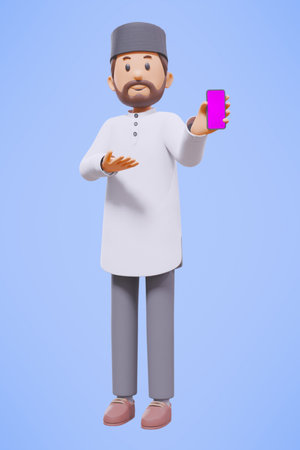 3d man muslim greeting, greeting, pointing and holding phone while smiling with white shirtの写真素材