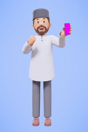 3d man muslim greeting, greeting, pointing and holding phone while smiling with white shirtの写真素材