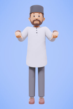 3d man muslim greeting, greeting, pointing and holding phone while smiling with white shirtの写真素材
