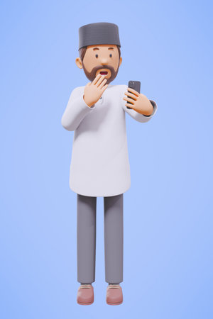 3d man muslim greeting, greeting, pointing and holding phone while smiling with white shirtの写真素材