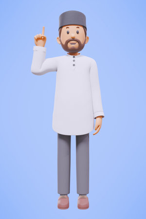3d man muslim greeting, greeting, pointing and holding phone while smiling with white shirtの写真素材