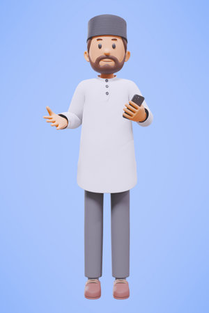 3d man muslim greeting, greeting, pointing and holding phone while smiling with white shirtの写真素材