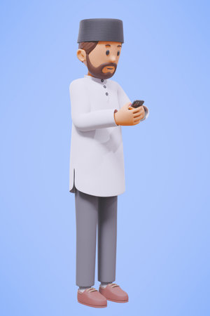 3d man muslim greeting, greeting, pointing and holding phone while smiling with white shirtの写真素材