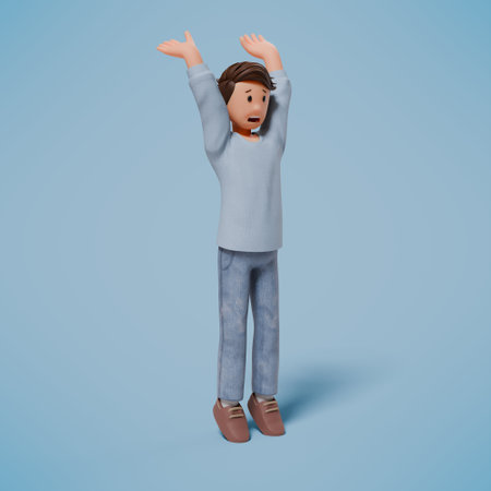 3d illustration of a shocked, panicked and frightened character on a blue backgroundの写真素材