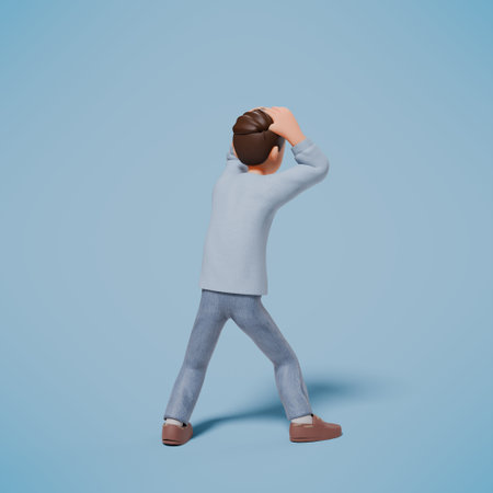 3d illustration of a shocked, panicked and frightened character on a blue backgroundの写真素材