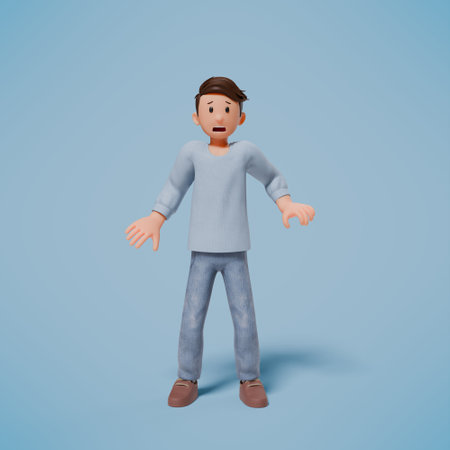 3d illustration of a shocked, panicked and frightened character on a blue backgroundの写真素材