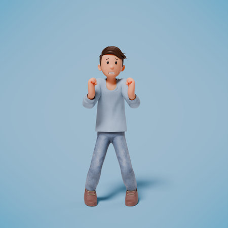 3d illustration of a shocked, panicked and frightened character on a blue backgroundの写真素材