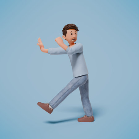 3d illustration of a shocked, panicked and frightened character on a blue backgroundの写真素材