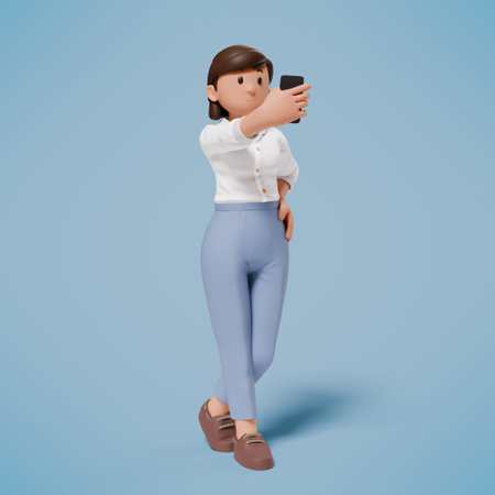 3d illustration of a woman with holding phoneの写真素材