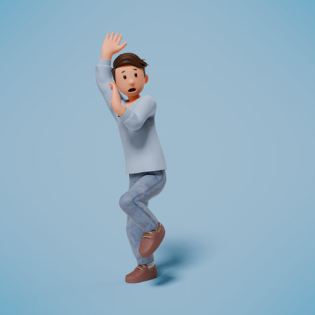 3d illustration of a shocked, panicked and frightened character on a blue backgroundの写真素材