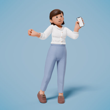 3d illustration of a woman with holding phoneの写真素材