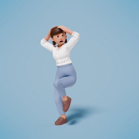 3d illustration of a shocked, panicked and frightened character on a blue backgroundの写真素材