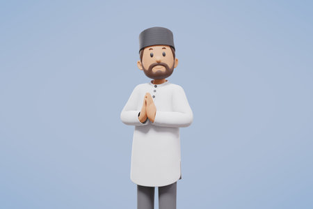 3d man muslim greeting, greeting, pointing and holding phone while smiling with blue backgroundの写真素材