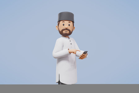 3d man muslim greeting, greeting, pointing and holding phone while smiling with blue backgroundの写真素材