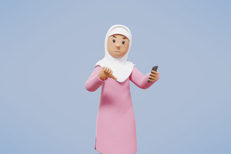 3d muslim woman greeting, pointing,holding phone while smiling with blue backgroundの写真素材