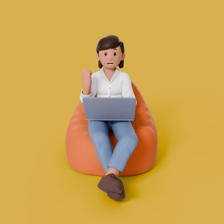 3d woman sitting on beanbag with his laptop on his thighの写真素材