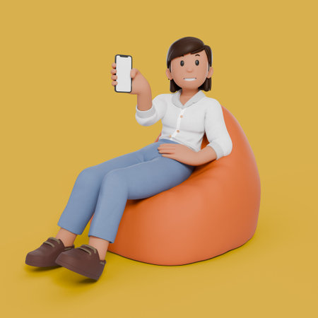 3d woman sitting on bean bag with variation gestureの写真素材
