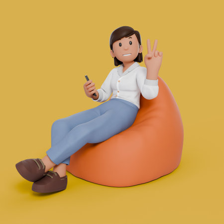 3d woman sitting on bean bag with variation gestureの写真素材