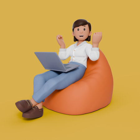 3d woman sitting on beanbag with his laptop on his thighの写真素材