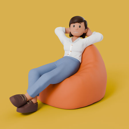 3d woman sitting on bean bag while variation gestureの写真素材
