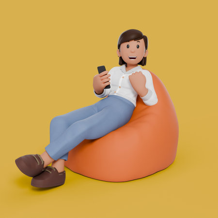 3d woman sitting on bean bag with variation gestureの写真素材