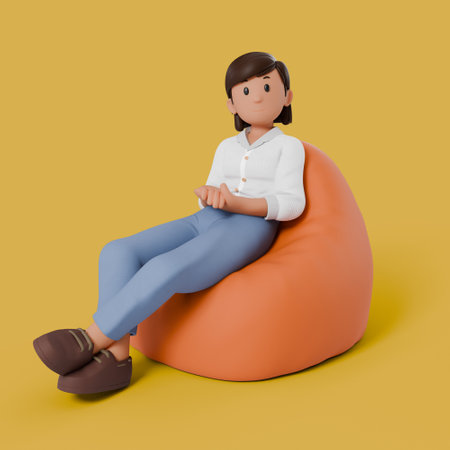 3d woman sitting on bean bag while variation gestureの写真素材