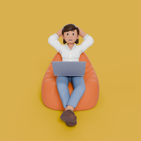 3d render of woman working with laptop while sitting on beanbagの写真素材