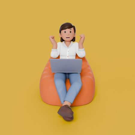 3d woman sitting on beanbag with his laptop on his thighの写真素材